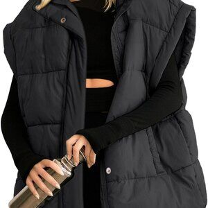 Womens Oversized Puffer Vest Stand Collar Full Zip Sleeveless Bubble Puffer Vest